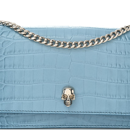 Alexander McQueen Calfskin Crocodile Embossed Skull Mini Crossbody Bag Blue 7 of 9