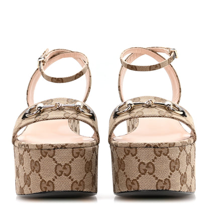 Gucci Monogram Nappa Chalotte Horsebit Ankle Strap 75mm Flatform Sandals 41 Beige Ebony 3 of 8