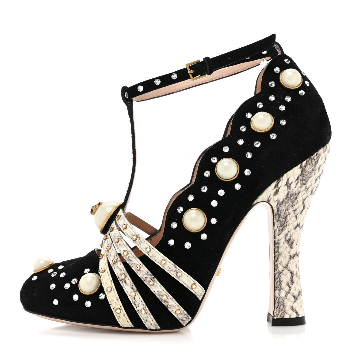 Gucci Suede Snakeskin Pearl Studded Ofelia Pumps 37 Black 1 of 11