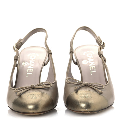 Chanel Metallic Lambskin Cap Toe CC Slingback Heels 36 Beige Gold 3 of 17