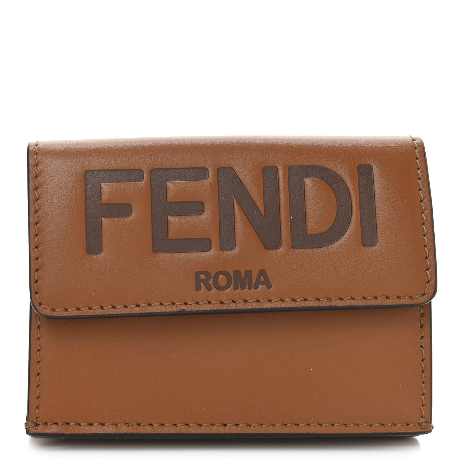 Fendi Vitello King Tamponato Logo Embossed Fold Over Card Holder Wallet Cuoio 1 of 7