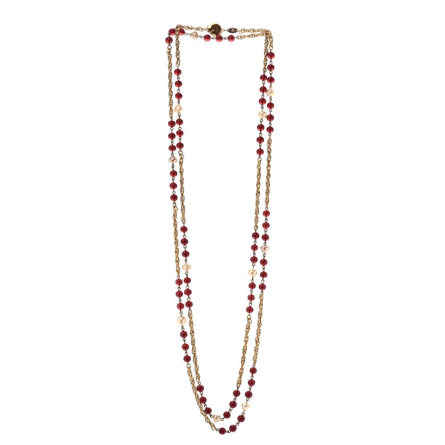 Beaded Pearl CC Long Strand Necklace Gold Red
