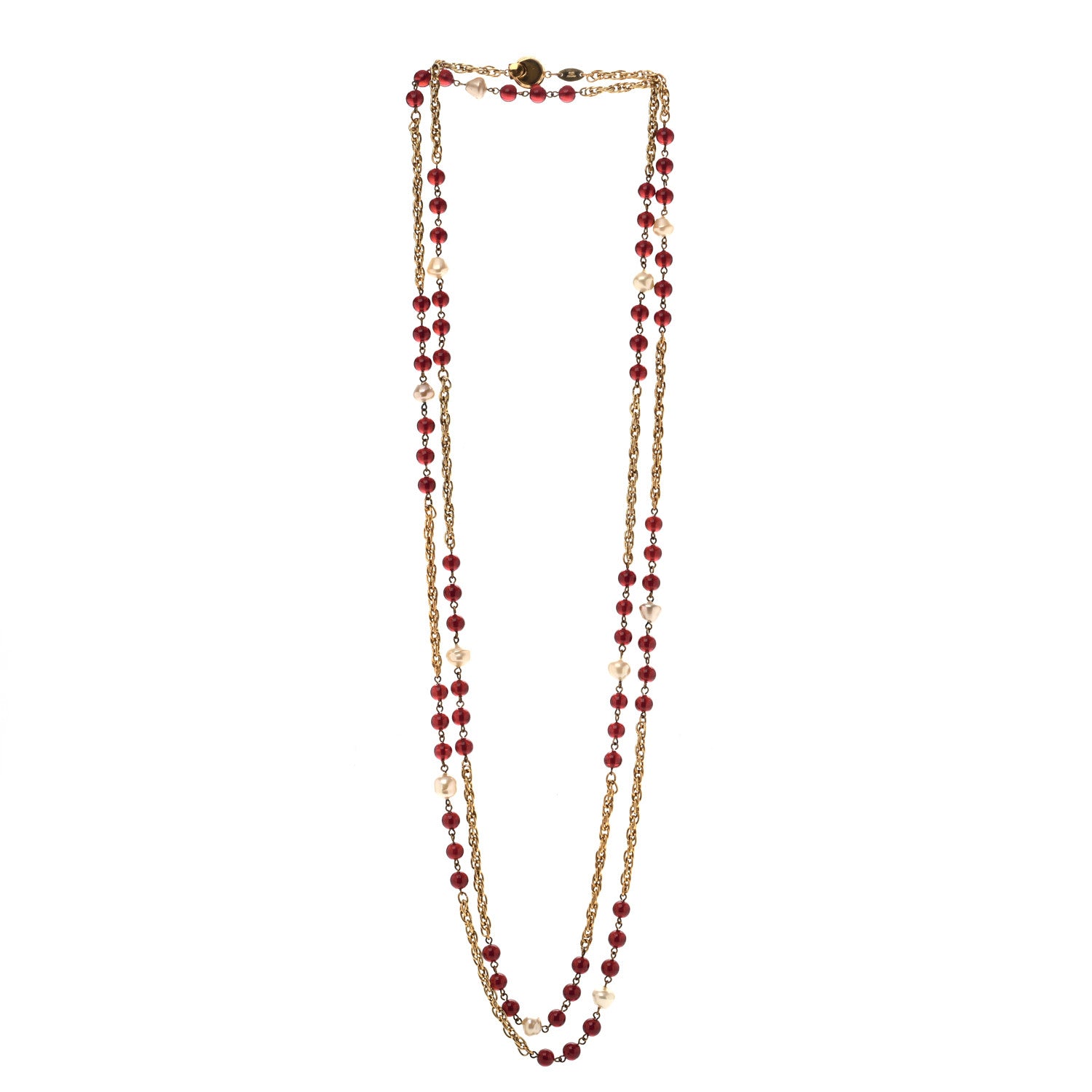 Chanel Beaded Pearl CC Long Strand Necklace Gold Red 3 of 6