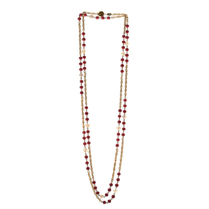 Chanel Beaded Pearl CC Long Strand Necklace Gold Red 3 of 6