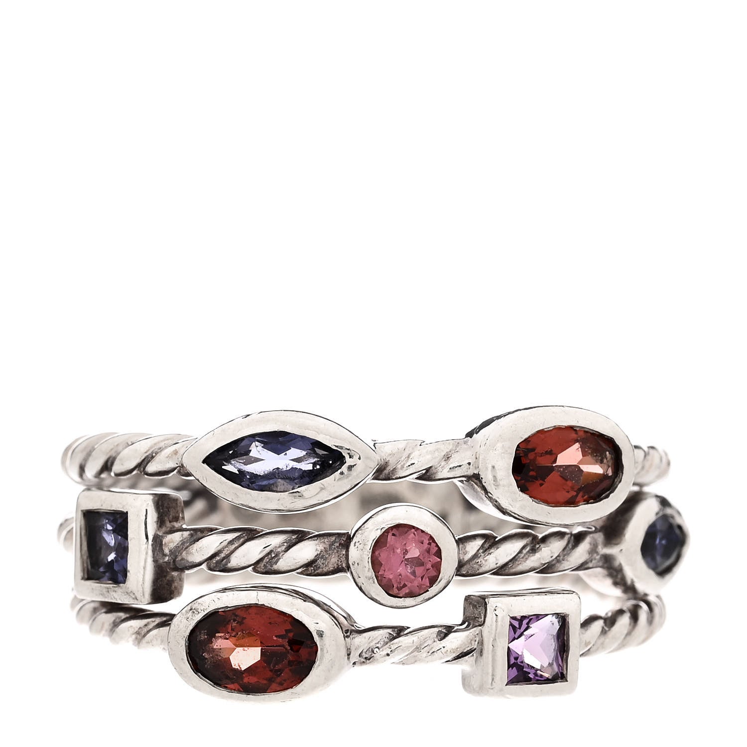 David Yurman Sterling Silver Iolite Garnet Amethyst Confetti 3 Row Ring 52 6 1 of 4