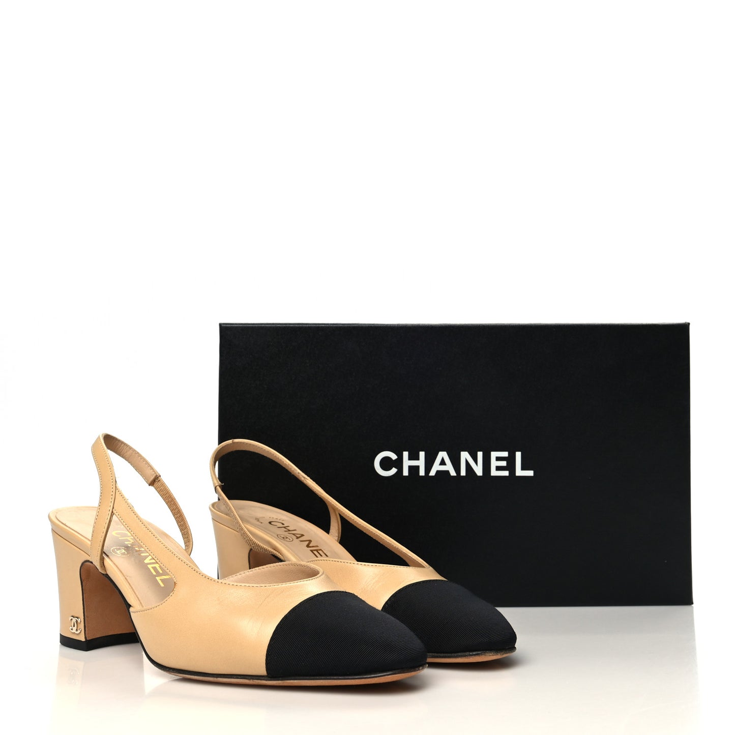 Goatskin Grosgrain Cap Toe CC Slingback Pumps 35.5 Beige Black