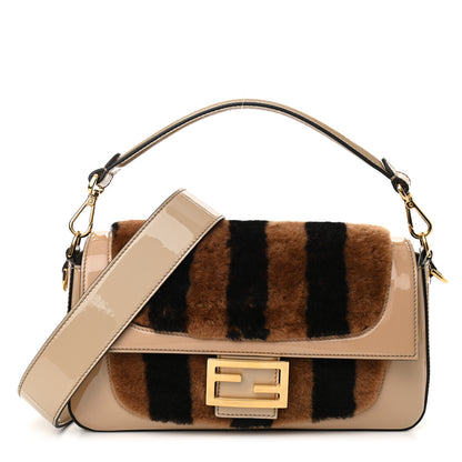 Fendi Shearling Vitello Vernice Mou Pequin Striped Baguette Tobacco Black Tortora 1 of 9