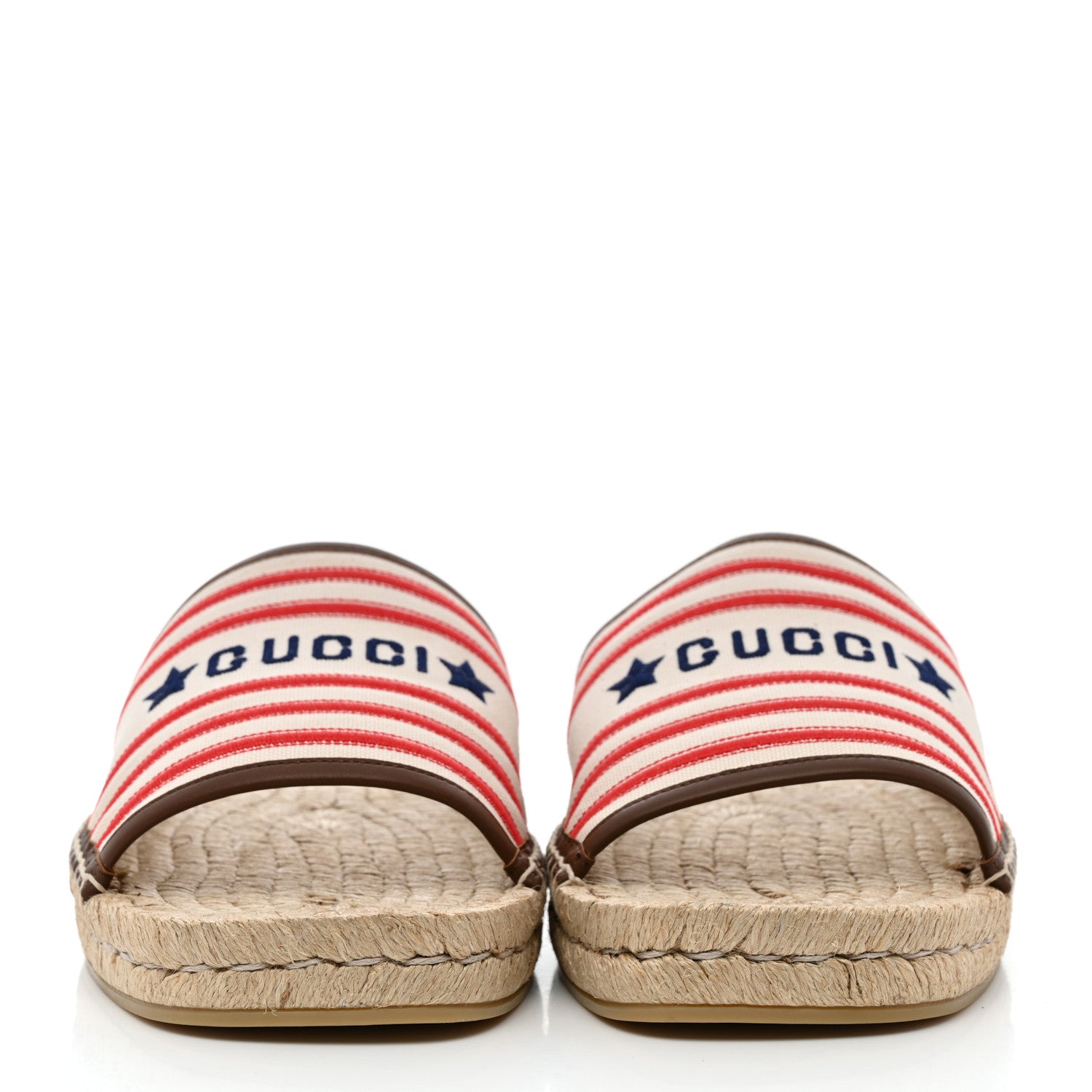 Gucci Canvas Miro Soft Calfskin Striped Mens Espadrille Flat Slide Sandals 10 Greggio Brown Sugar 2 of 9