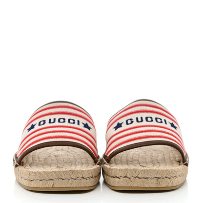 Gucci Canvas Miro Soft Calfskin Striped Mens Espadrille Flat Slide Sandals 10 Greggio Brown Sugar 2 of 9