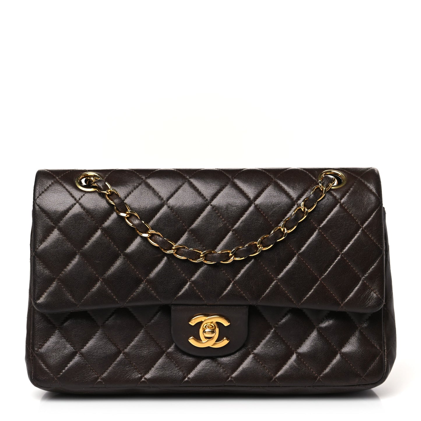 Lambskin Quilted Medium Double Flap Dark Brown