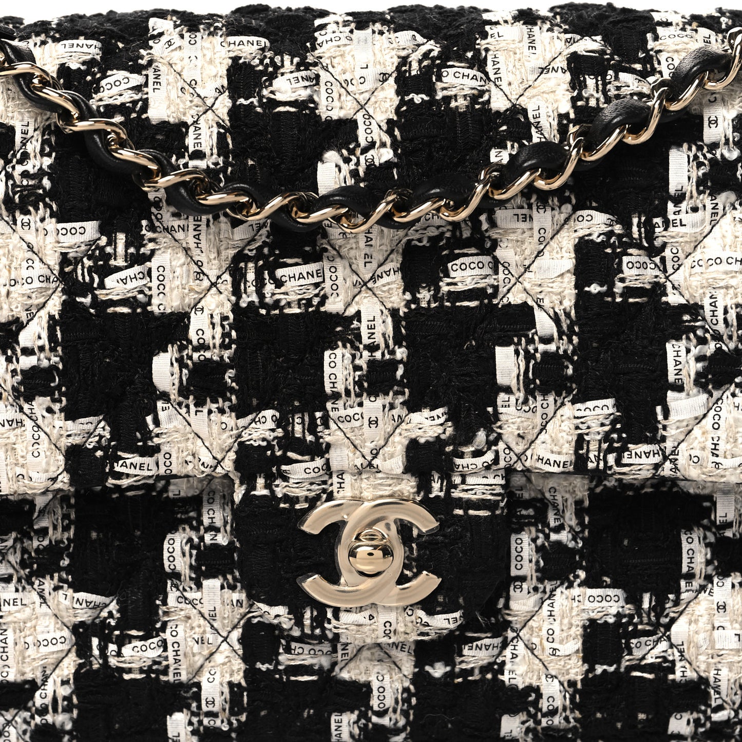 Tweed Quilted Medium Double Flap Black Ecru White