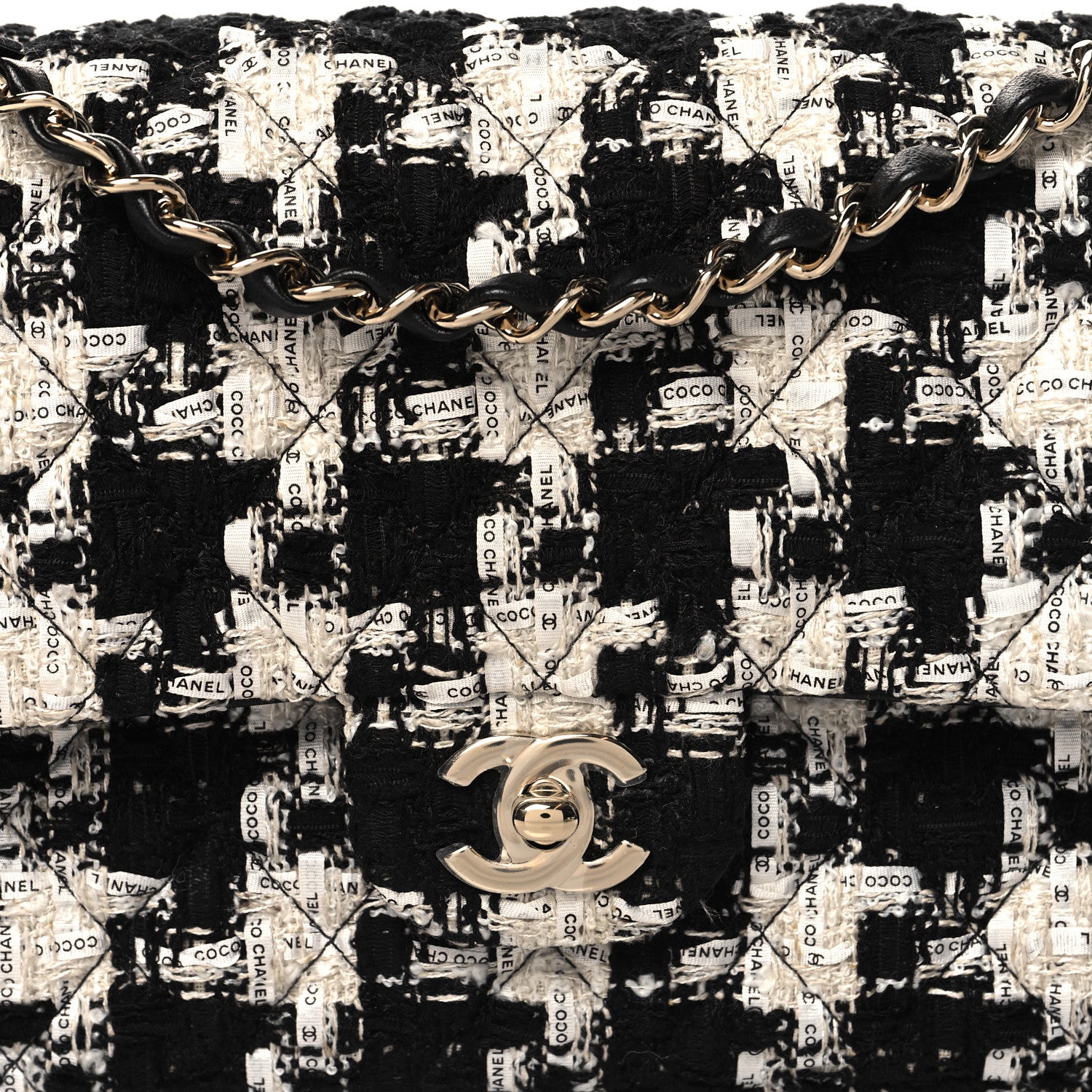 Chanel Tweed Quilted Medium Double Flap Black Ecru White 8 of 11