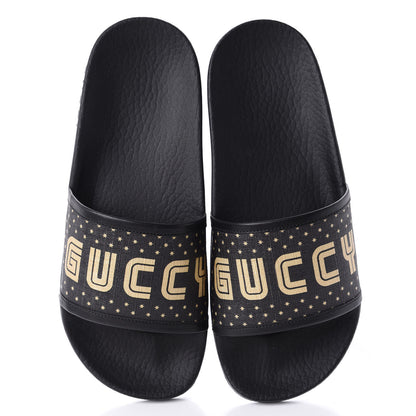Gucci X SEGA Supreme Canvas GUCCY Stars Womens Slide Sandals 36 Black Gold 5 of 11