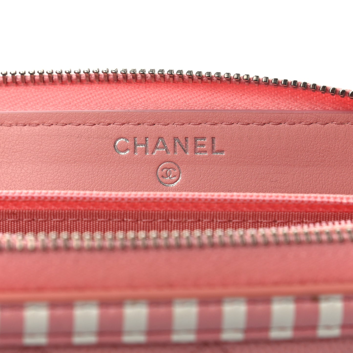 Caviar Quilted Medium Stripe Filigree Zip Around Wallet Pink White