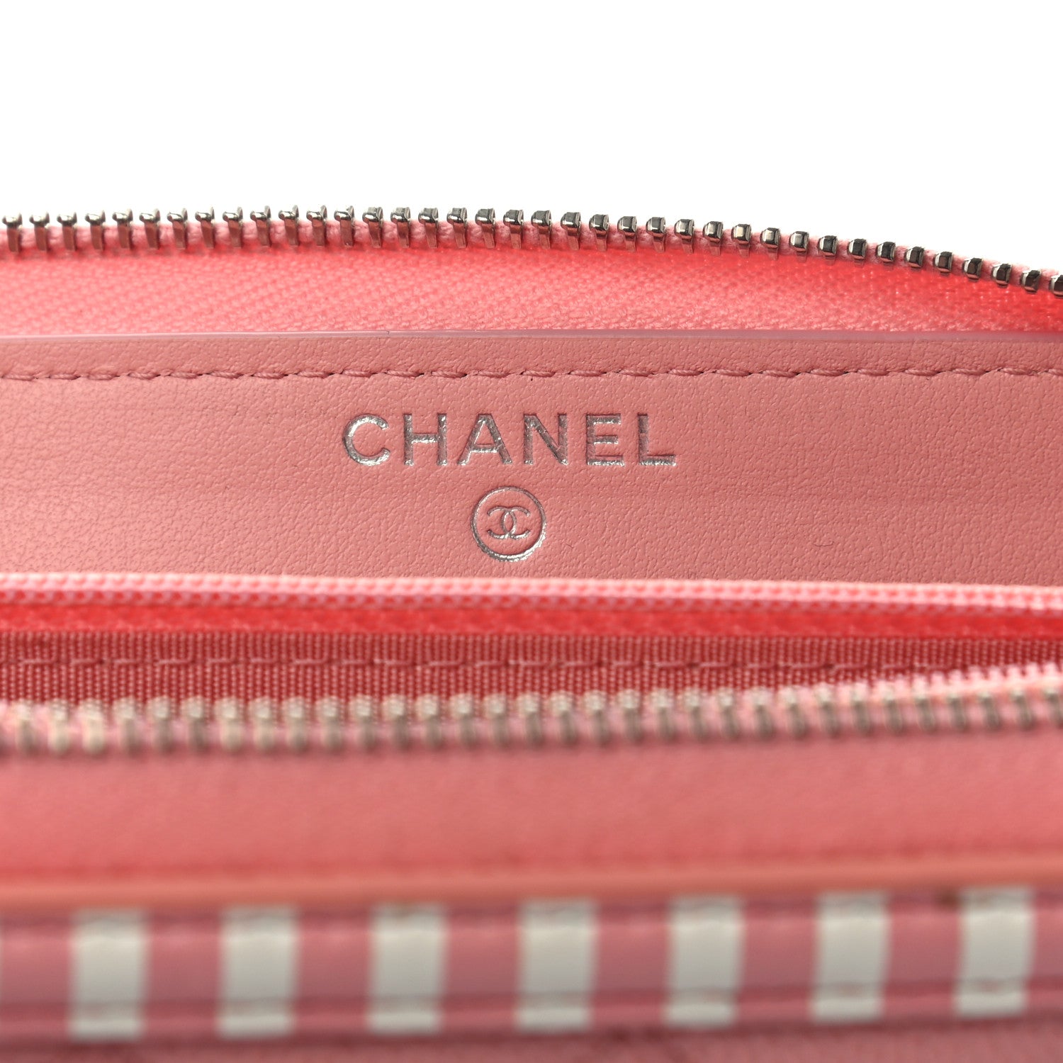 Chanel Caviar Quilted Medium Stripe Filigree Zip Around Wallet Pink White 6 of 8
