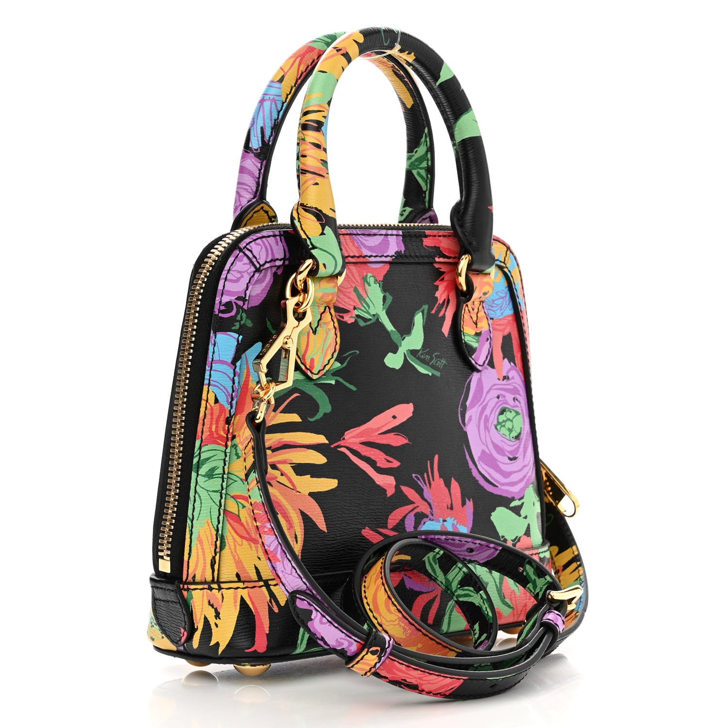 Gucci X KEN SCOTT New Shangai Calfskin Jenny Floral Print Mini Horsebit 1955 Top Handle Bag Black Pink 3 of 10