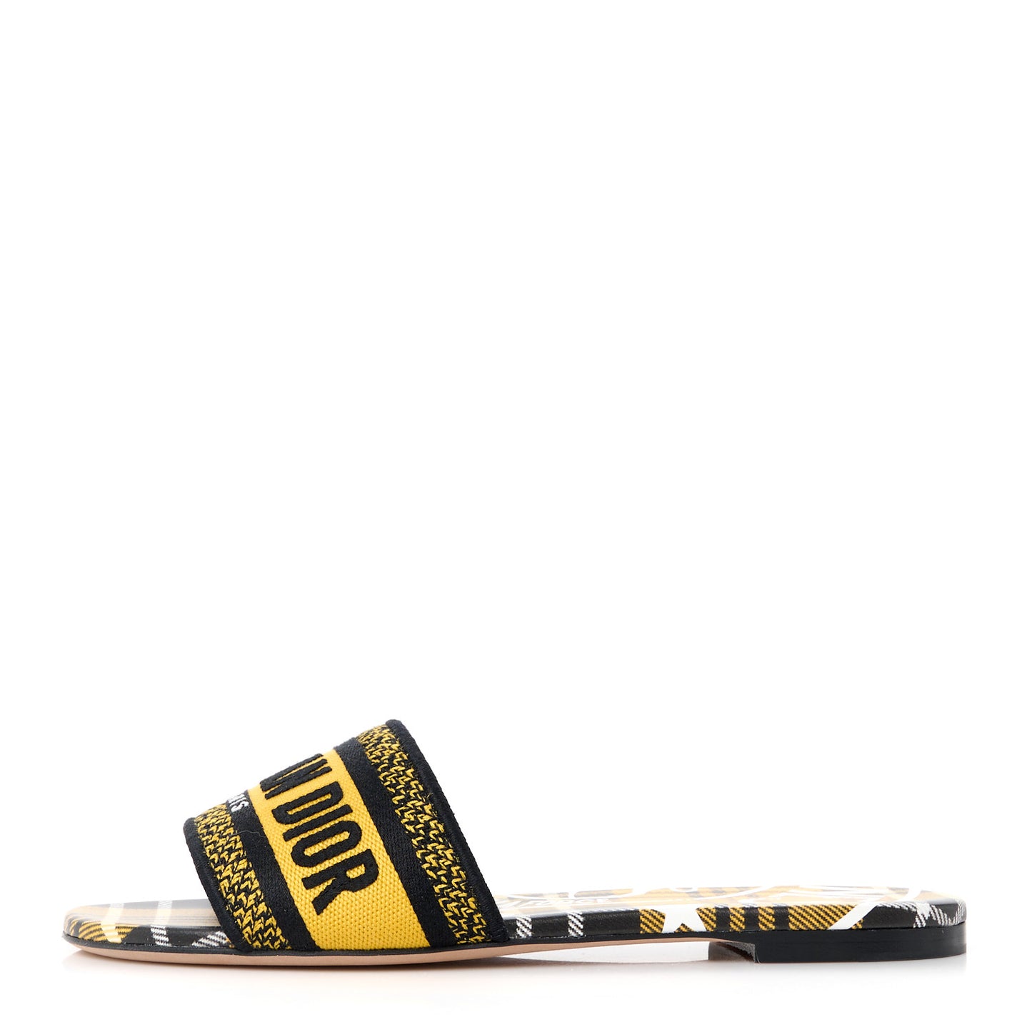 Canvas Union Check Embroidered Dway Flat Slide Sandals 37.5 Black Yellow
