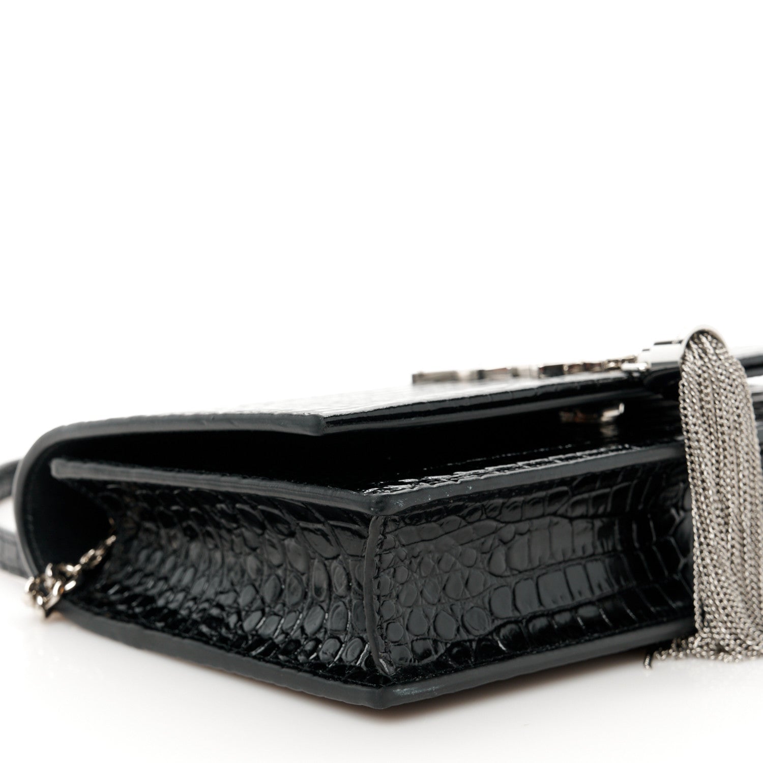 Saint Laurent Calfskin Crocodile Embossed Kate Monogram Tassel Chain Wallet Black 8 of 9