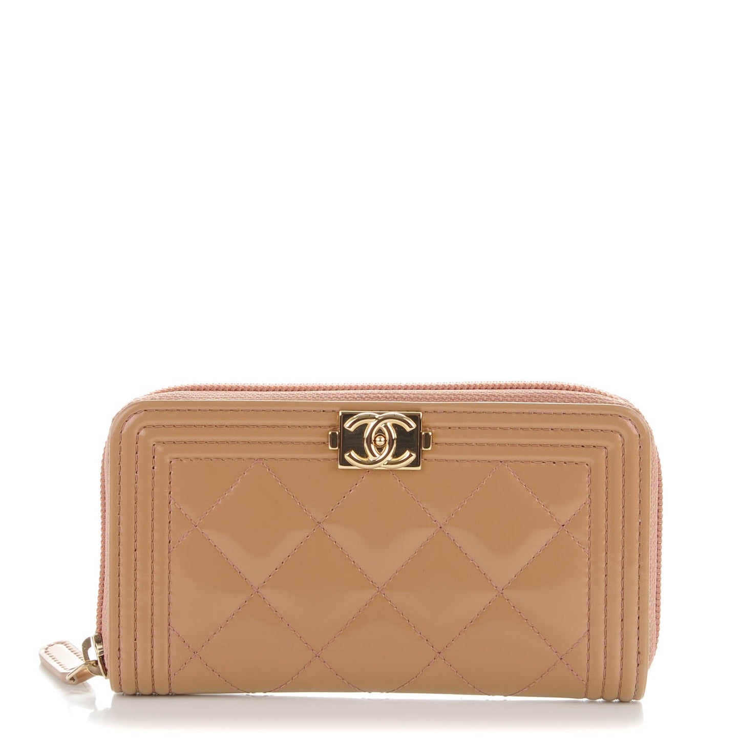 Iridescent Glazed Calfskin Quilted Small Boy Zip Around Wallet Dark Beige