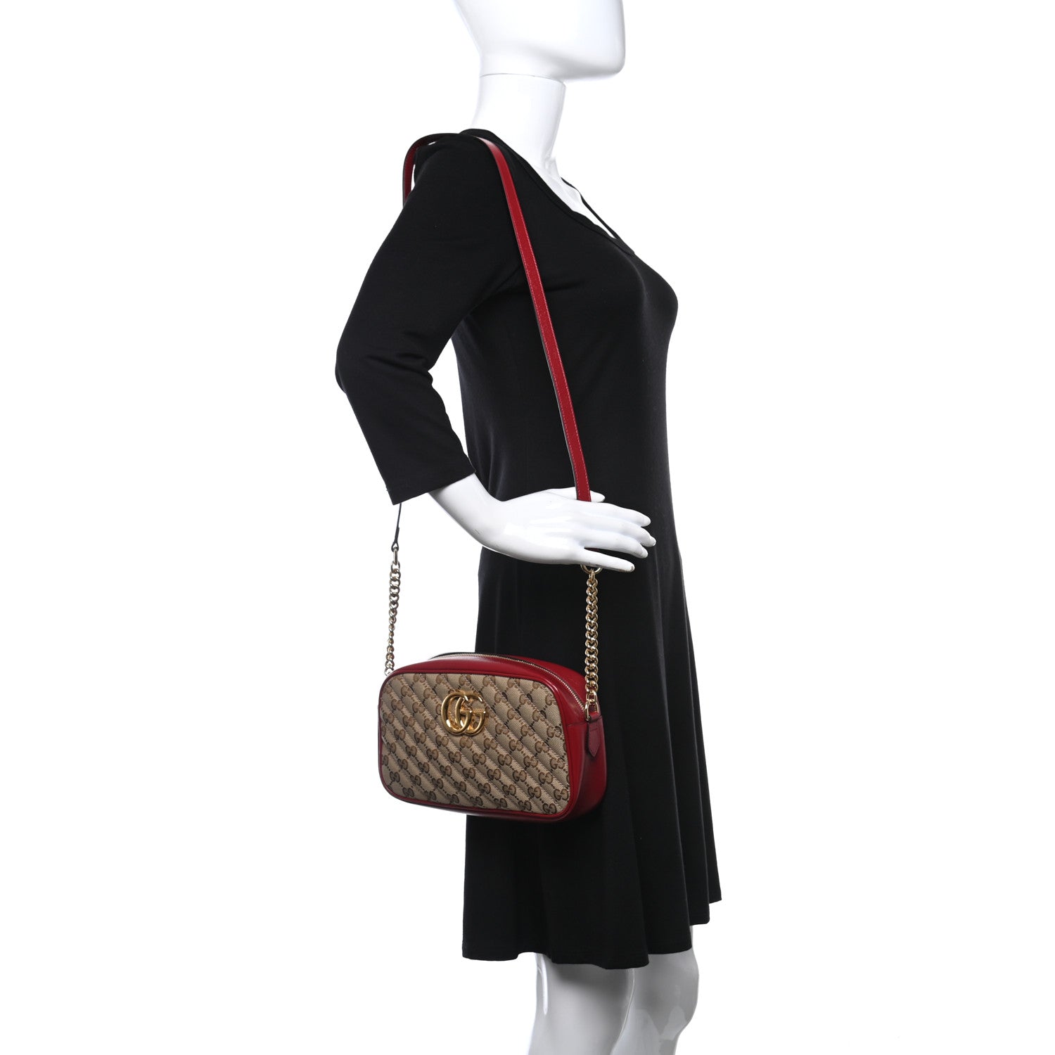 Gucci Monogram Azalea Calfskin Matelasse Diagonal Small GG Marmont Chain Shoulder Bag Beige Ebony New Cherry Red 2 of 9