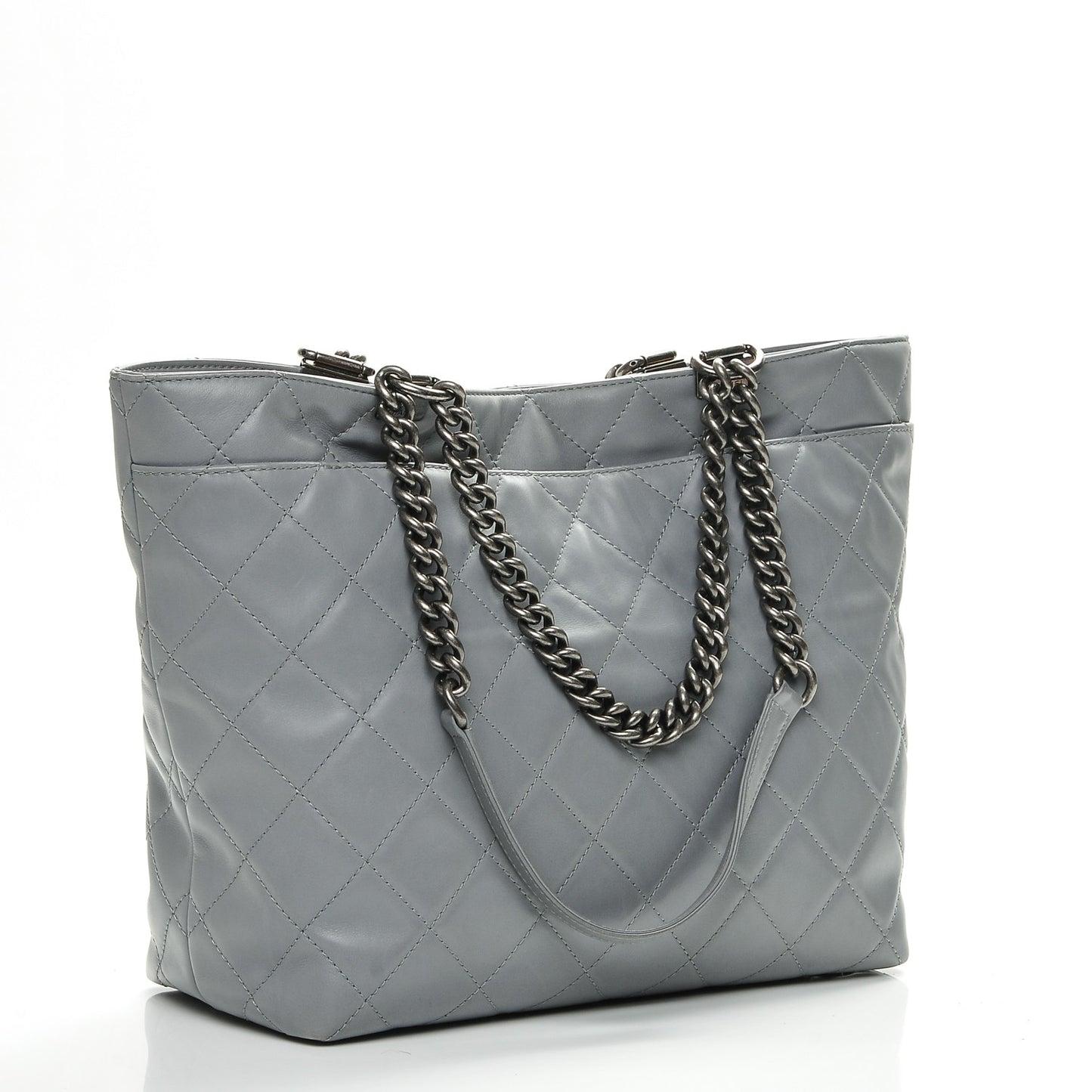 Calfskin Quilted Large Shopping In Chains Tote Light Grey