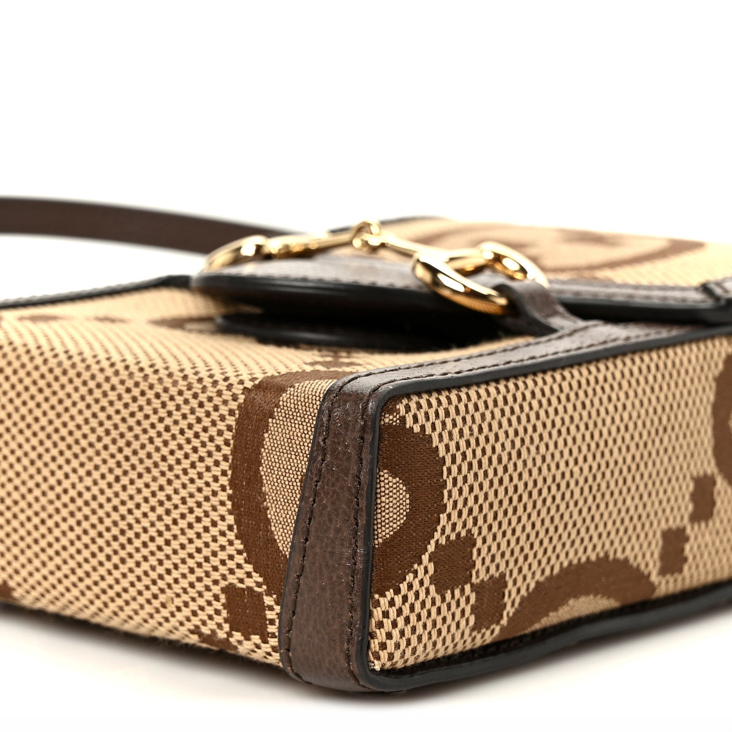 Gucci Monogram Jumbo GG Textured Dollar Calfskin Mini Horsebit 1955 Crossbody Bag Camel Ebony New Acero 10 of 11