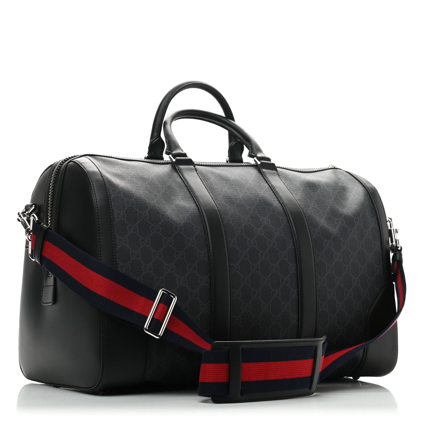 Soft GG Supreme Monogram Appia Calfskin Web Medium Carry On Duffle Bag Black Grey