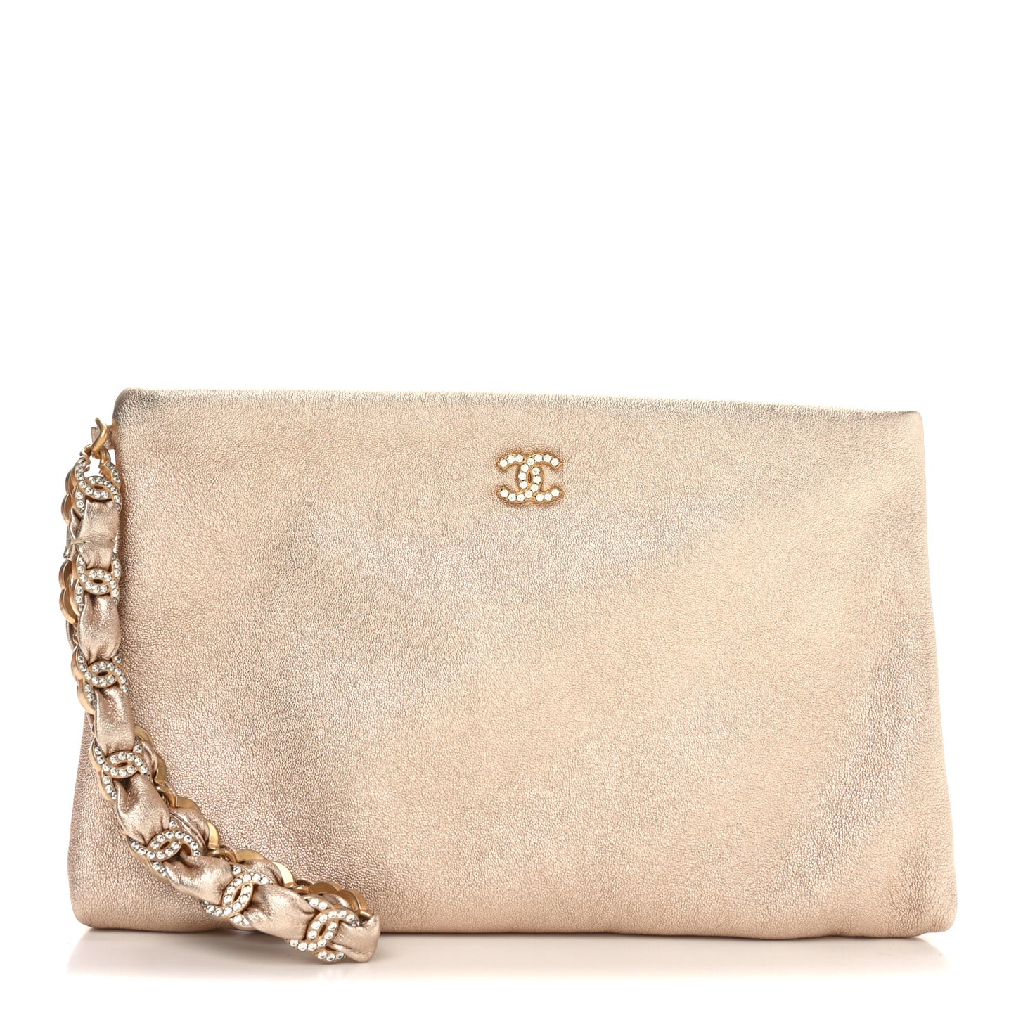 Metallic Lambskin Crystal Medium CC Pouch With Handle Gold