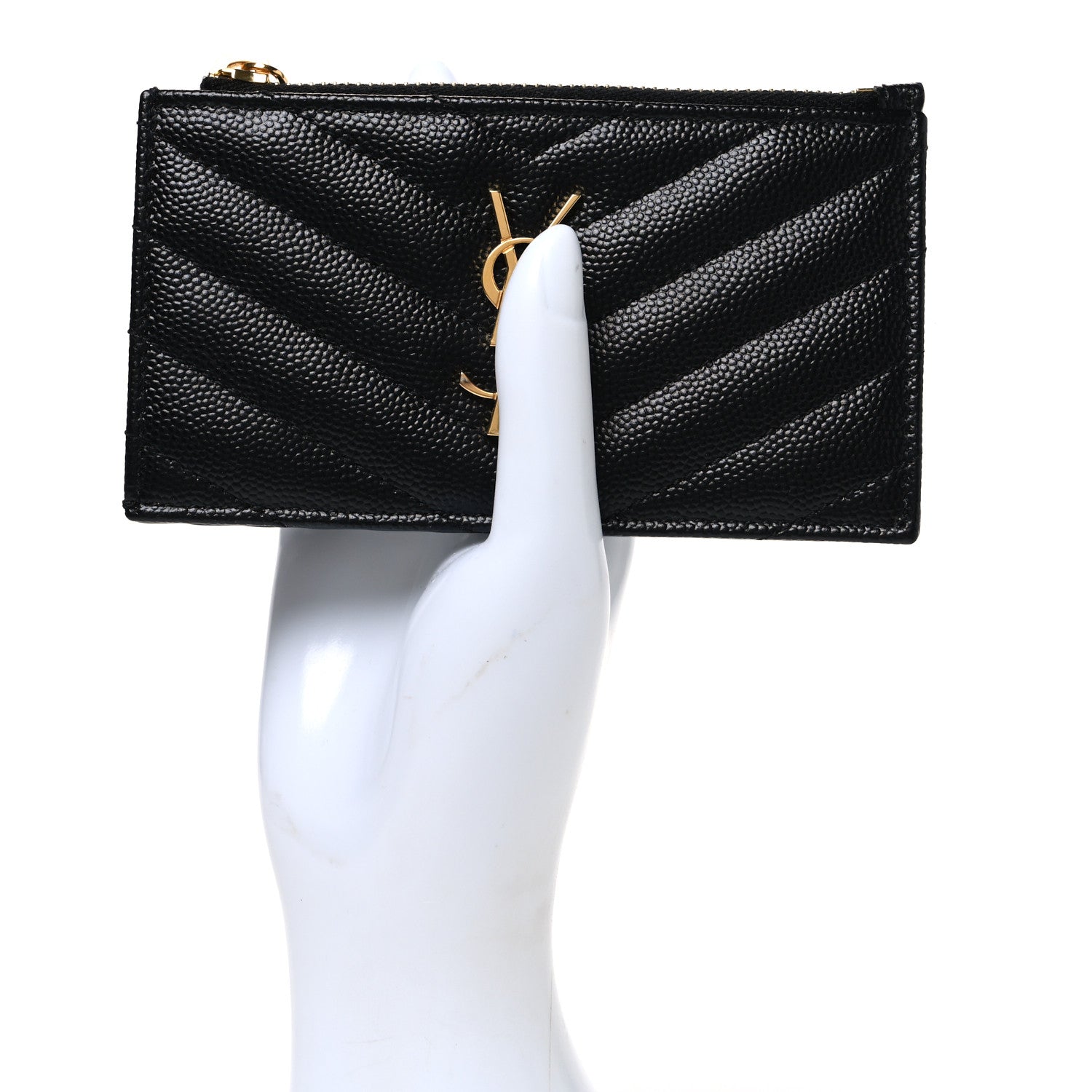 Saint Laurent Grain De Poudre Matelasse Chevron Monogram Fragments Zippered Card Case Black 2 of 8