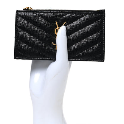 Saint Laurent Grain De Poudre Matelasse Chevron Monogram Fragments Zippered Card Case Black 2 of 8
