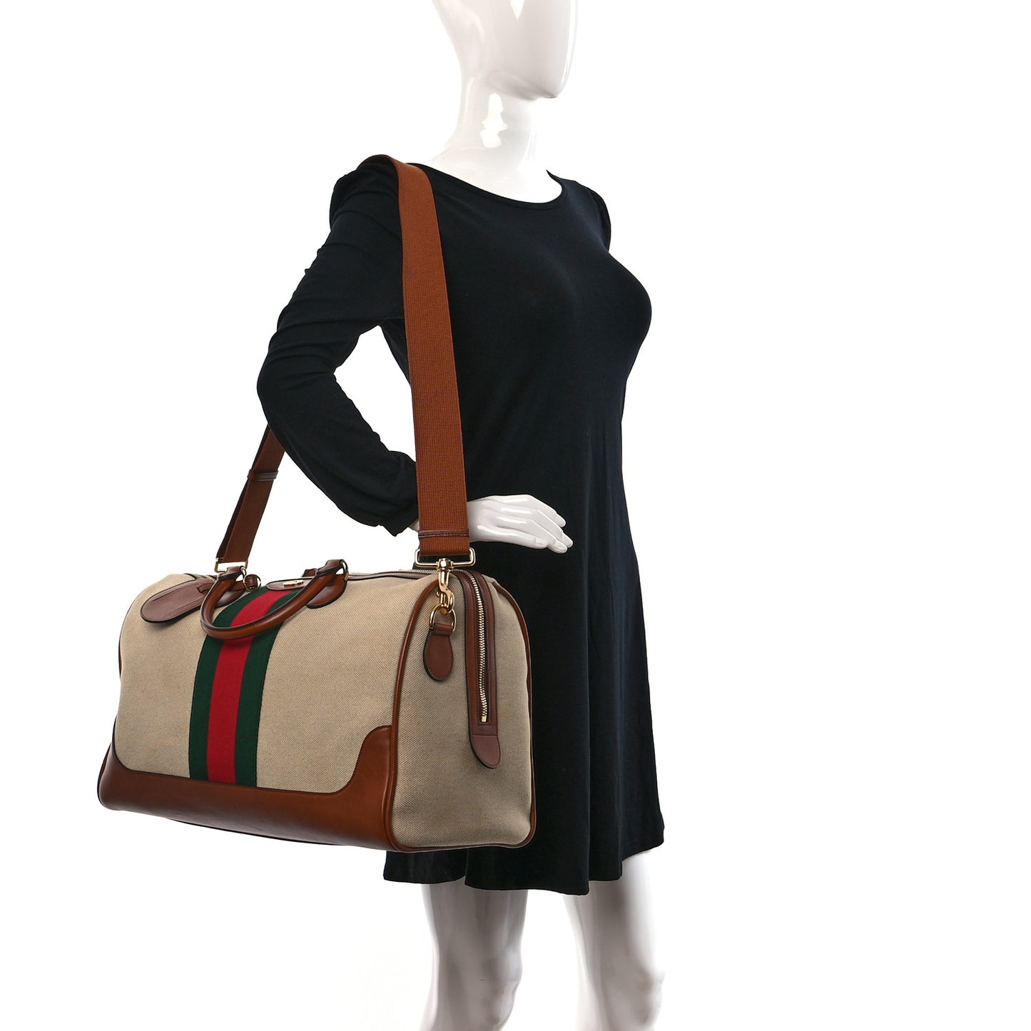 Canvas Calfskin Vintage Web Travel Duffle Bag Beige Cuir