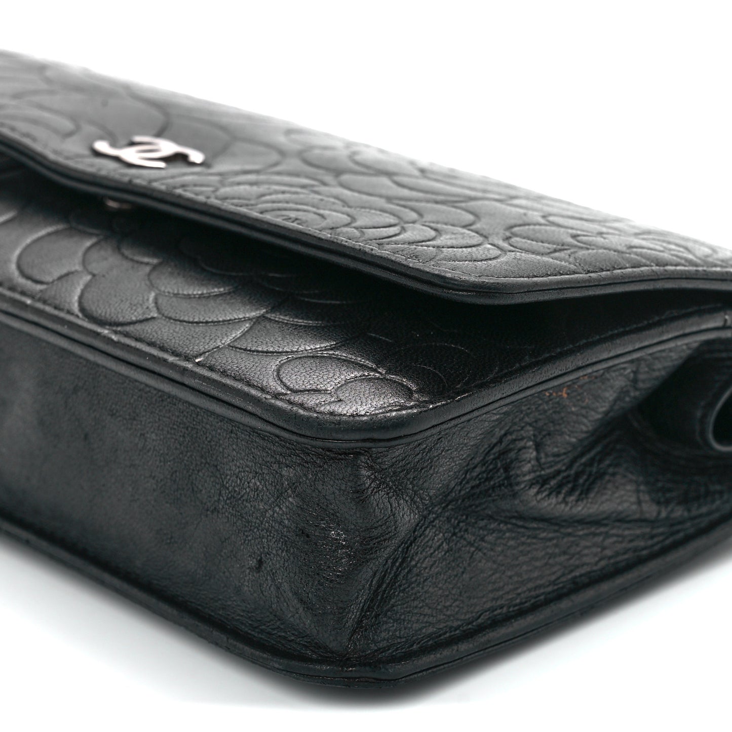Lambskin Camellia Embossed Wallet on Chain WOC Black