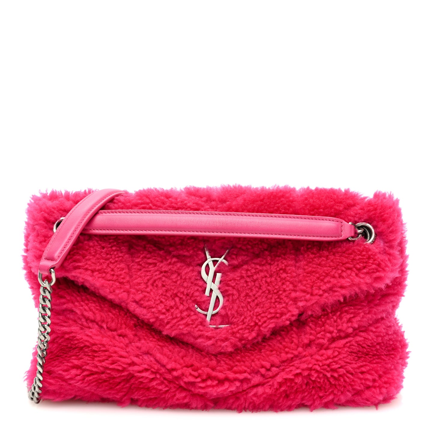 Merino Shearling Lambskin Quilted Small Loulou Puffer Monogram Chain Satchel Fuchsia