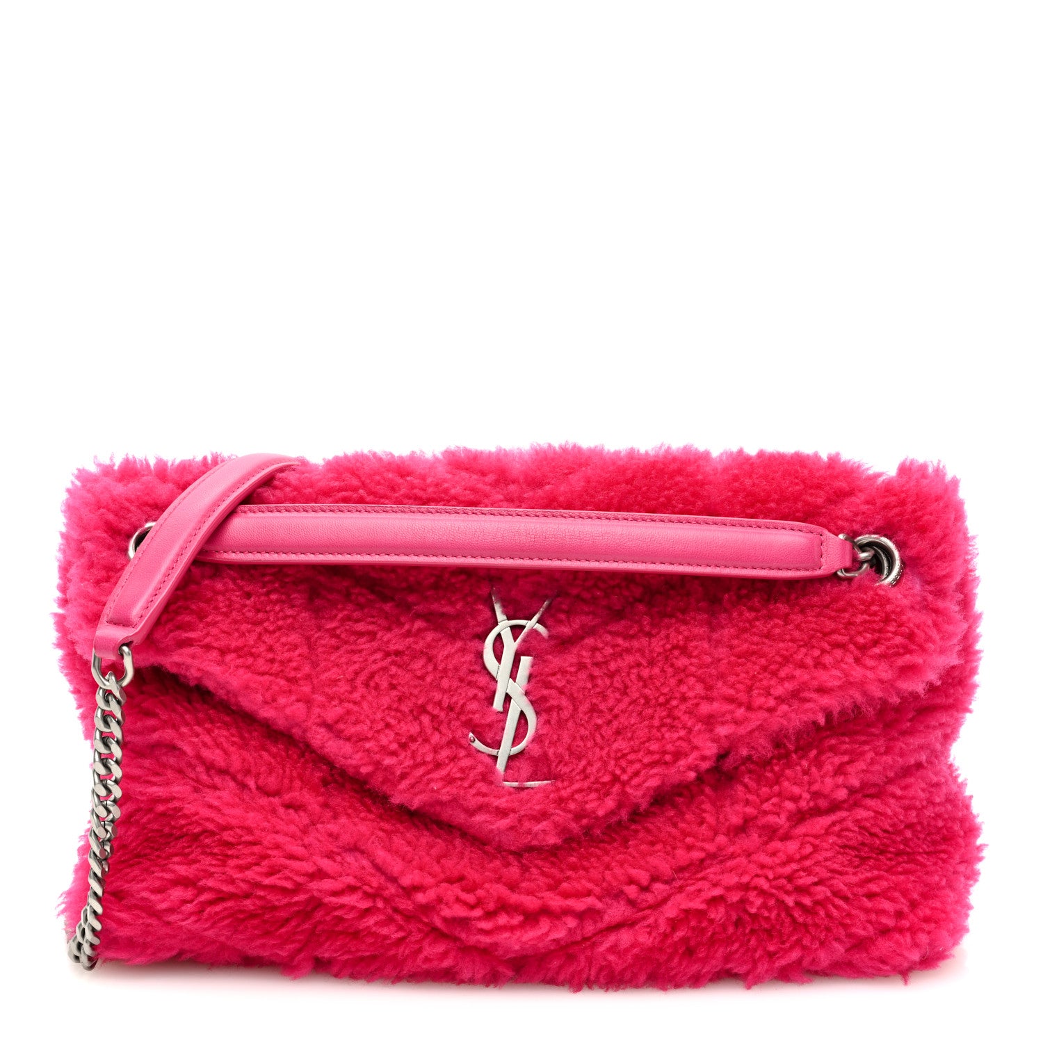 Saint Laurent Merino Shearling Lambskin Quilted Small Loulou Puffer Monogram Chain Satchel Fuchsia 1 of 9