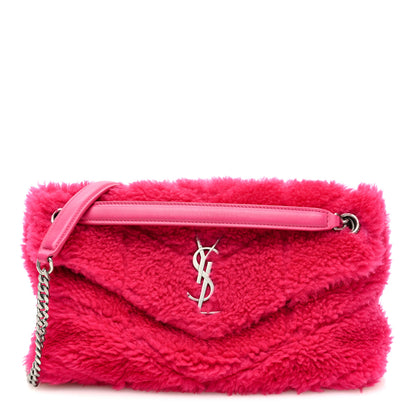 Saint Laurent Merino Shearling Lambskin Quilted Small Loulou Puffer Monogram Chain Satchel Fuchsia 1 of 9