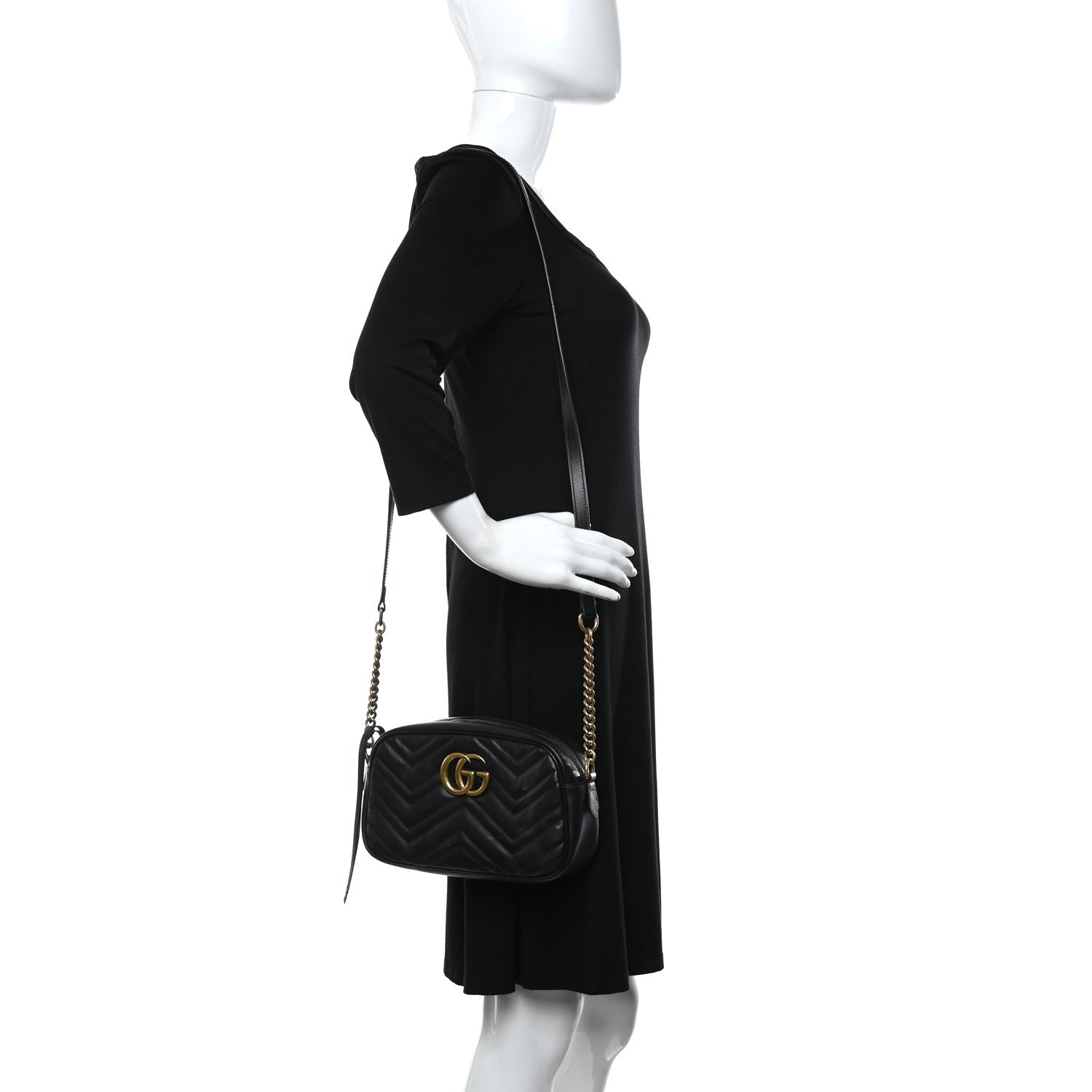 Gucci Calfskin Matelasse Small GG Marmont Chain Shoulder Bag Black 2 of 11