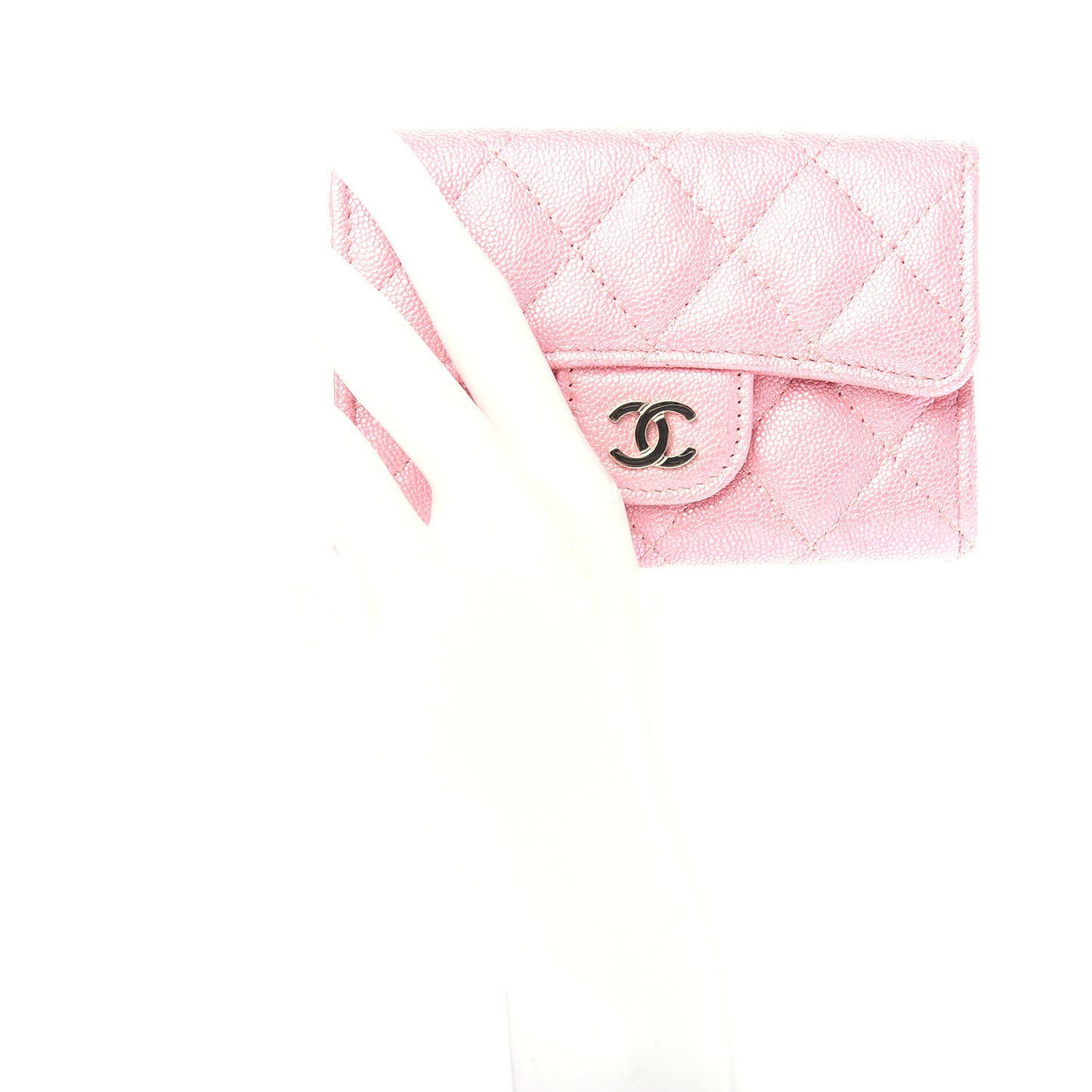 Iridescent Caviar Quilted Flap Card Holder Rose Pink