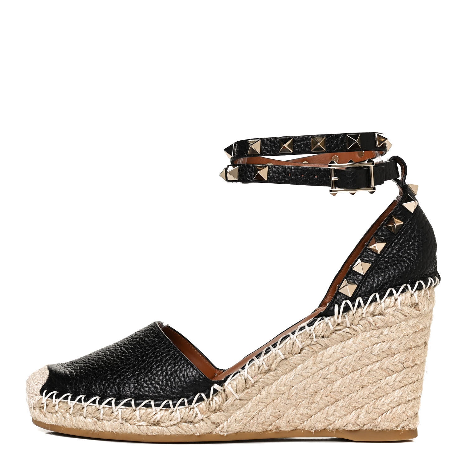 Valentino Garavani Grained Calfskin Rockstud Ankle Wrap Espadrille 15/85mm Wedges 35 Black Light Cuir 1 of 9