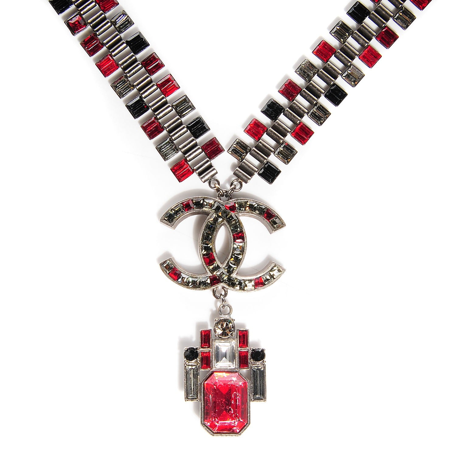 Chanel Ruthenium Crystal Baguette CC Long Necklace Red Black 1 of 5