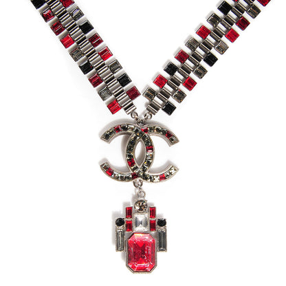 Chanel Ruthenium Crystal Baguette CC Long Necklace Red Black 1 of 5