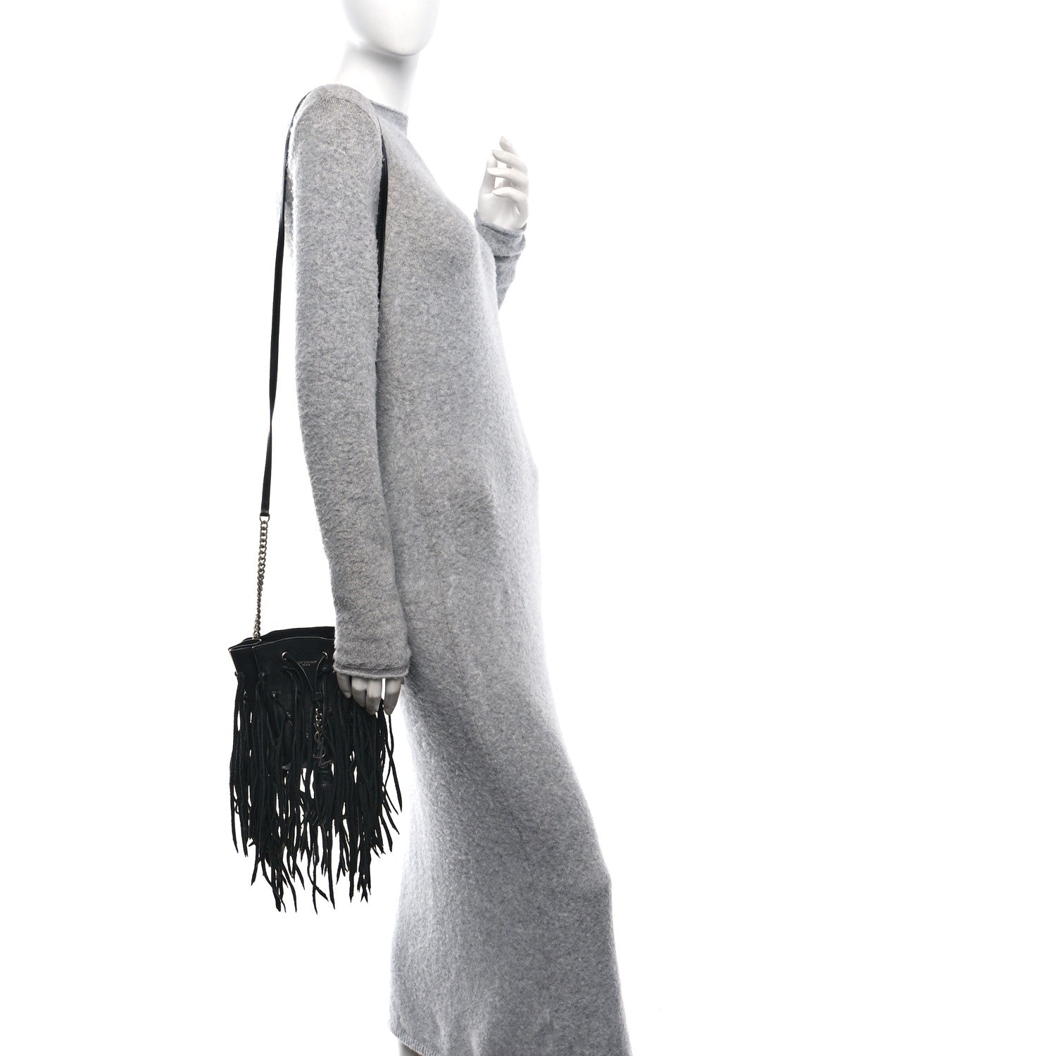 Saint Laurent Calfskin Fringe Monogram Mini Bourse Bucket Bag Black 2 of 11