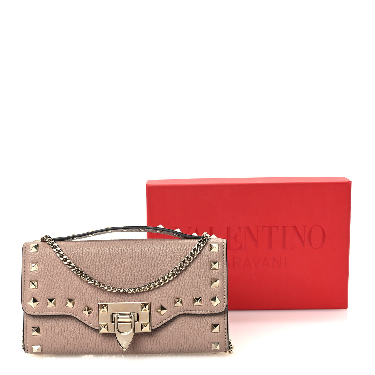 Pebbled Calfskin Rockstud Flip Lock Wallet On Chain Poudre