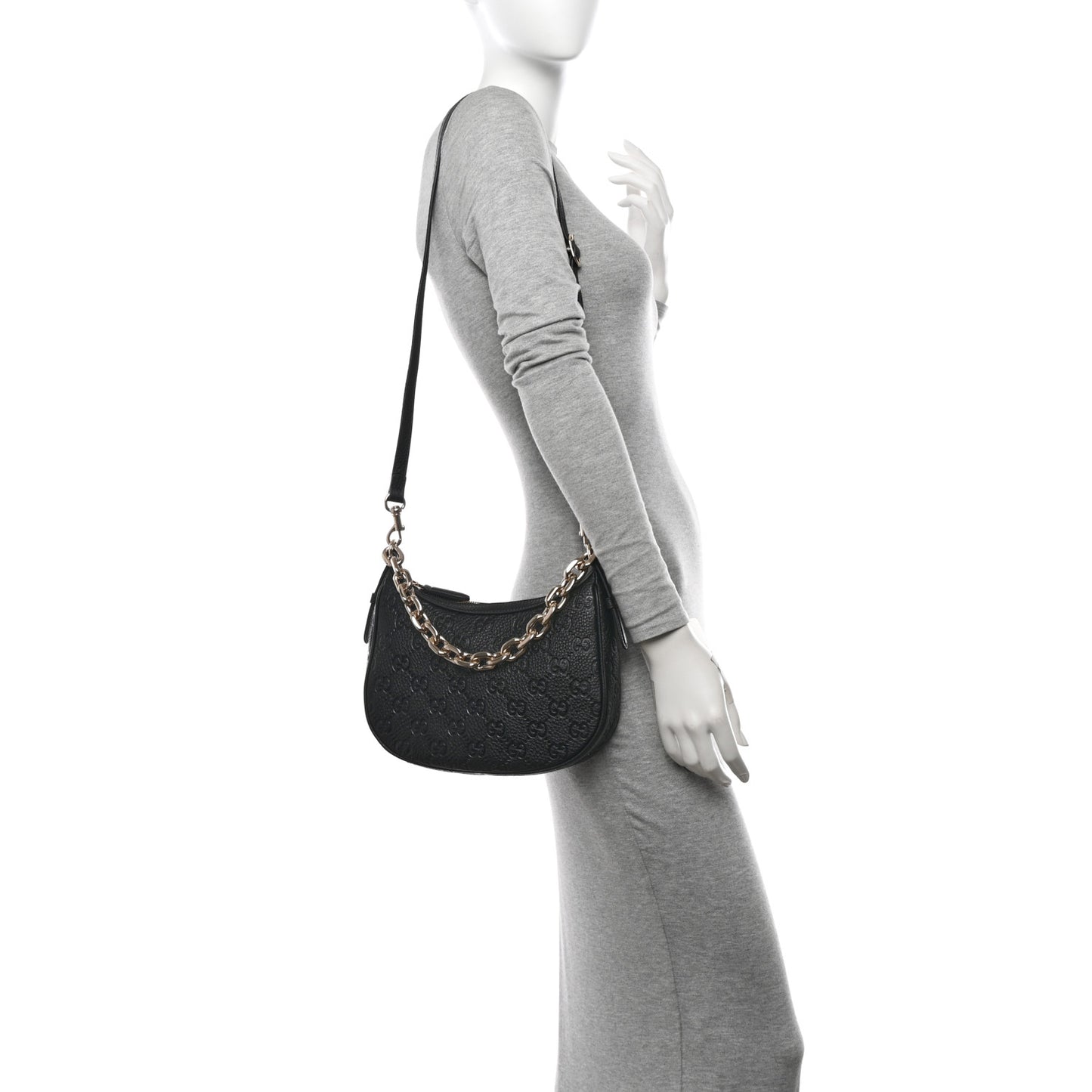 GG Grainy Calfskin Emblem Small Half Moon Shoulder Bag Black