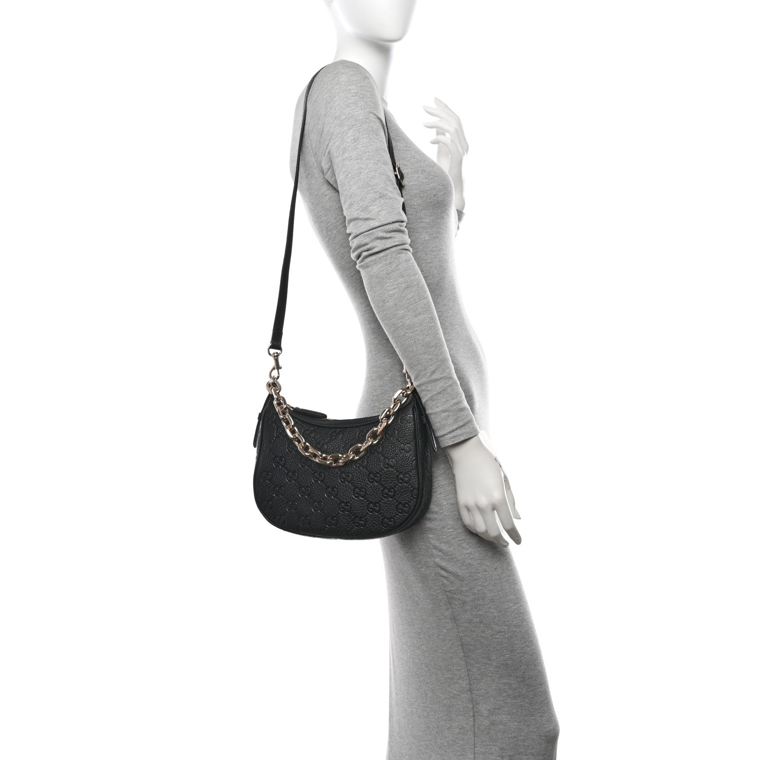 Gucci GG Grainy Calfskin Emblem Small Half Moon Shoulder Bag Black 2 of 12