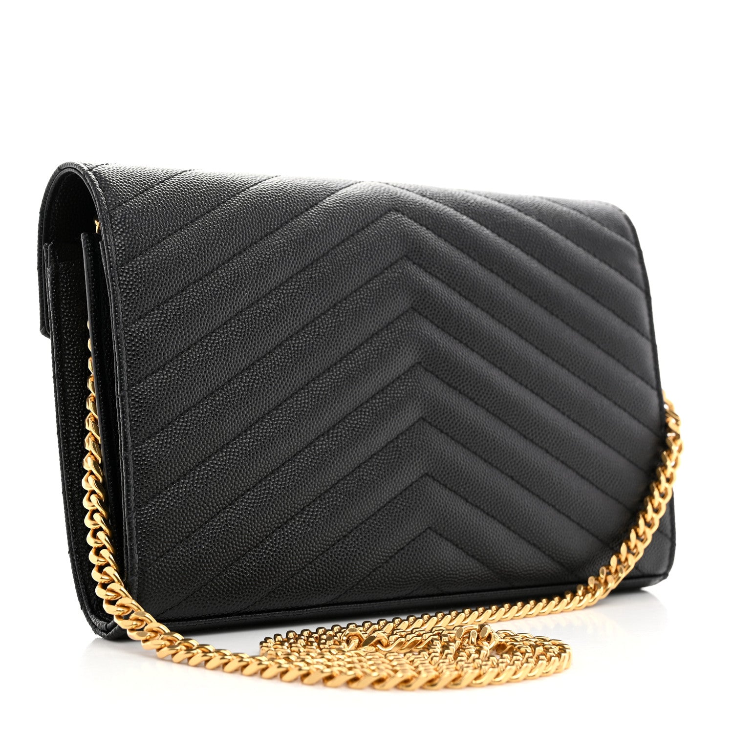 Saint Laurent Grain De Poudre Matelasse Chevron Monogram Chain Wallet Black 2 of 9