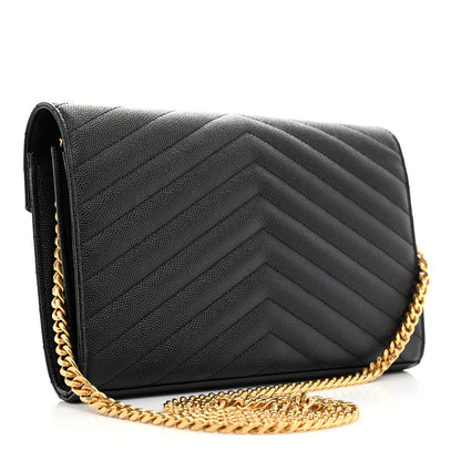Saint Laurent Grain De Poudre Matelasse Chevron Monogram Chain Wallet Black 2 of 9