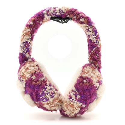 Chanel Tweed Shearling CC Ear Muffs Ecru Purple Dark Fuchsia Dark Pink 1 of 6