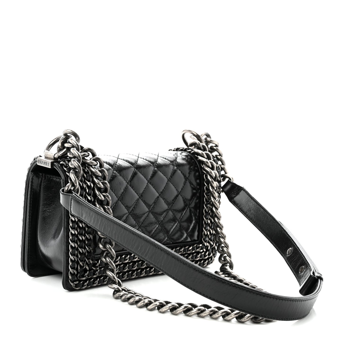 Glazed Calfskin Quilted Small Boy Chained Flap Black