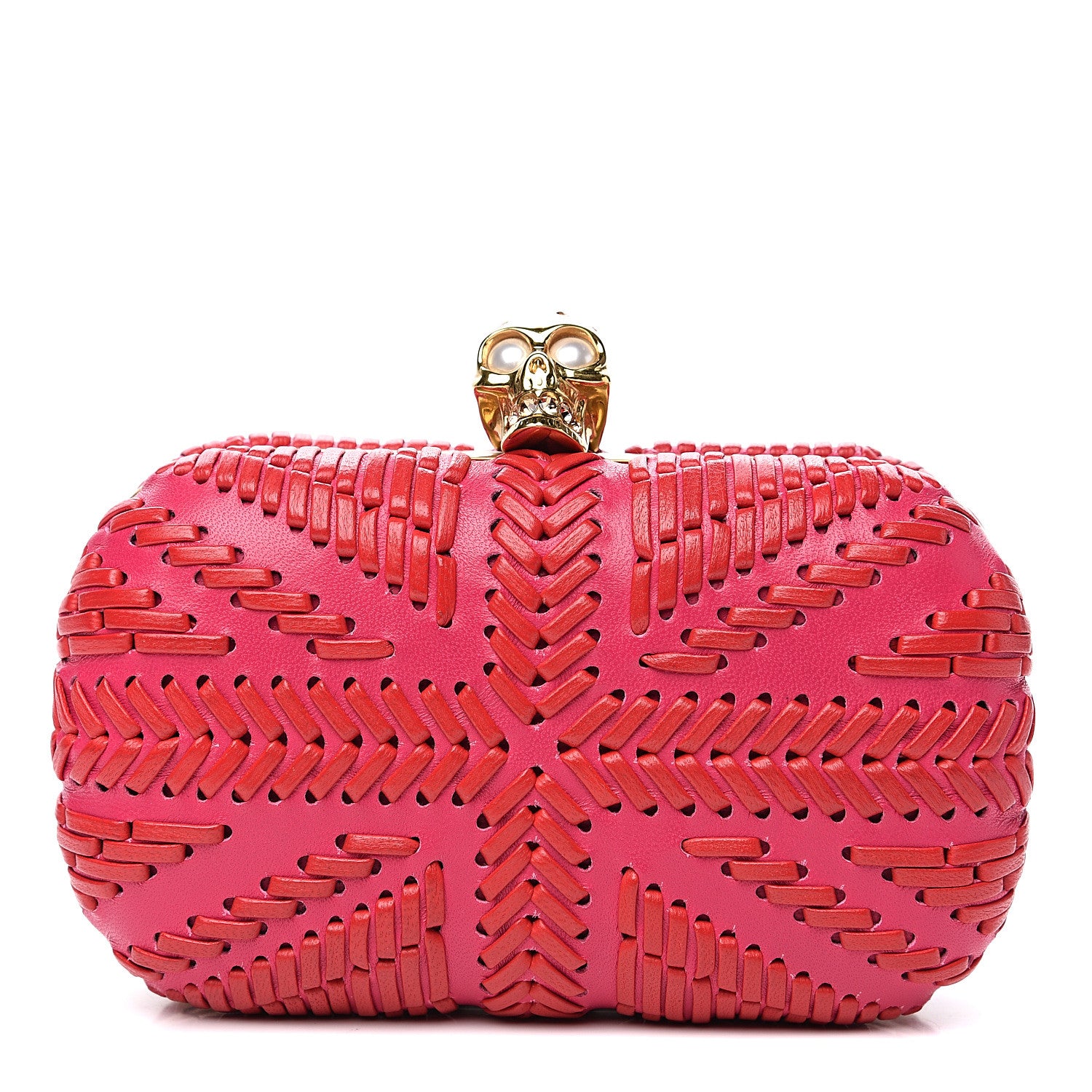 Alexander McQueen Calfskin Woven Britannia Skull Box Clutch Red Pink 1 of 7