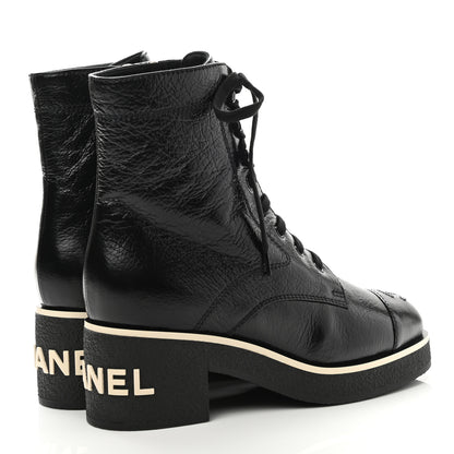 Chanel Shiny Crumpled Lambskin Lace Up Combat Boots 38 Black 4 of 9